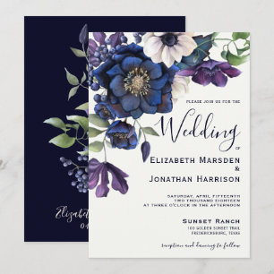 Elegant Purple Navy Blue Cream Vintage Floral Invitation