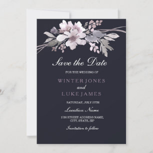 Elegant Purple Navy Blue Floral Save the date card