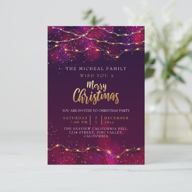 Elegant Purple Neon Custom Holly Christmas gift Invitation (Standing Front)