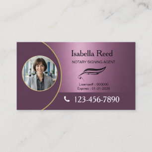 Elegant Purple Notary Portrait Gold Accent Business Card