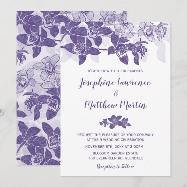 Elegant Purple Orchid Wedding Invitation (Front/Back)