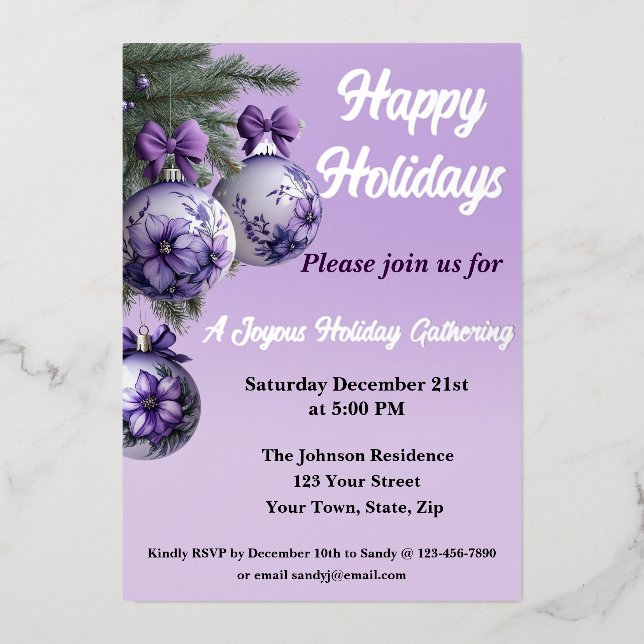 Elegant Purple Ornament Foil Holiday Invitation (Front)
