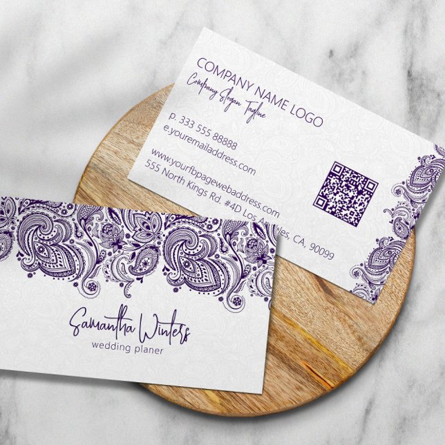 Elegant purple paisley on white wedding planner business card (Creator Uploaded)