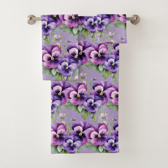 Elegant Purple Pansy Pansies Floral Towel Set (Insitu)
