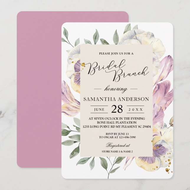 Elegant Purple & Pansy Watercolor Floral Frame Invitation (Front/Back)