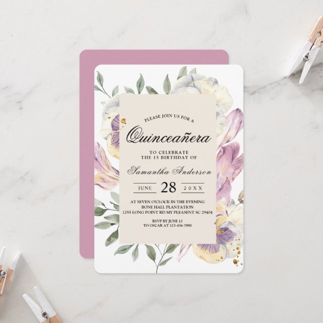 Elegant Purple & Pansy Watercolor Floral Frame Invitation (Front/Back In Situ)