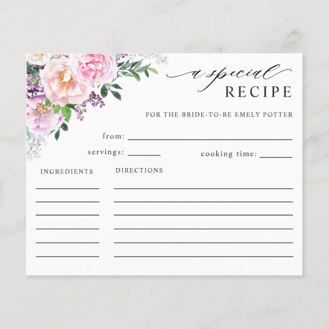Elegant Purple Pastel Bridal Shower Recipe Card (Front)