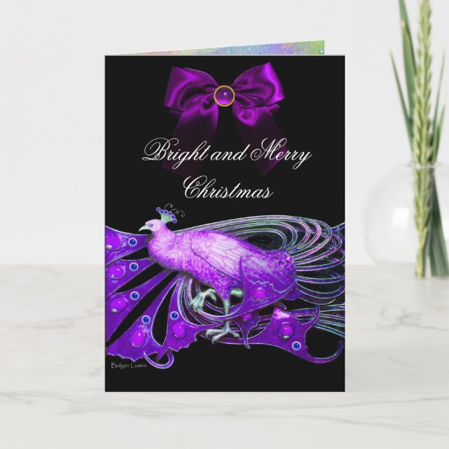 ELEGANT PURPLE PEACOCK,GEM STONE AND CHRISTMAS BOW HOLIDAY CARD (Front)