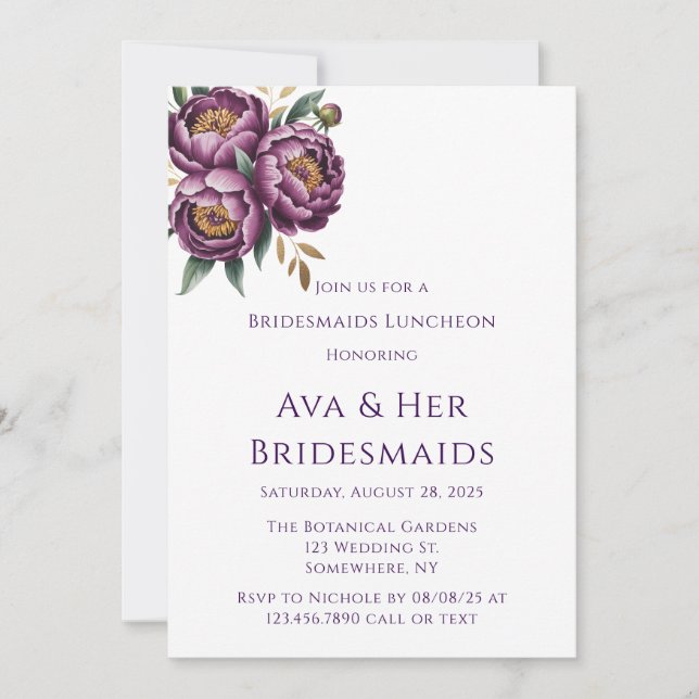 Elegant Purple Peonies Bridesmaids Luncheon Invitation (Front)