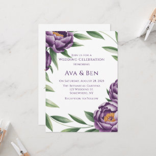 Elegant Purple Peonies Watercolor Wedding Invitation