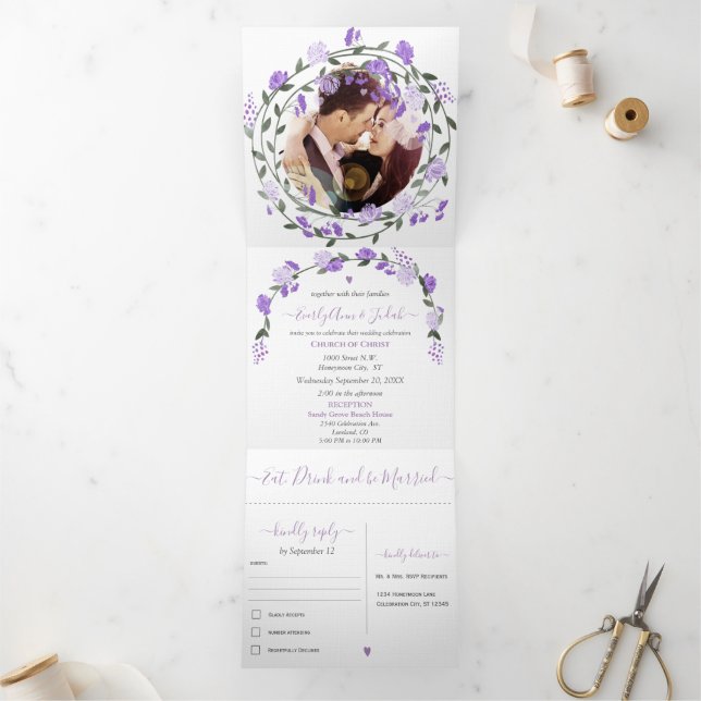 Elegant Purple Peony Floral Wedding  Tri-Fold  (Inside)