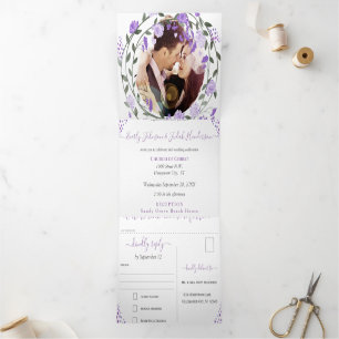 Elegant Purple Peony Floral Wedding Tri-Fold Invi