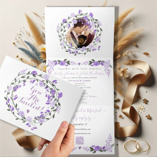 Elegant Purple Peony Floral Wedding Tri-Fold Invi Invitation