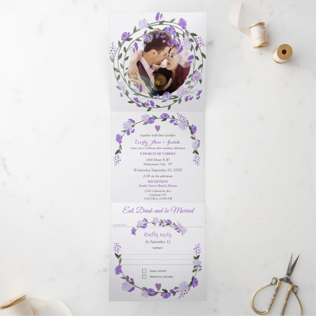 Elegant Purple Peony Floral Wedding Tri-Fold Invitation (Inside)