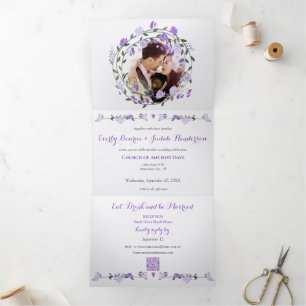 Elegant Purple Peony Floral Wedding Tri-Fold Invitation