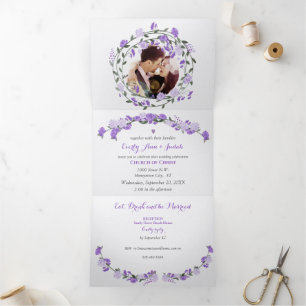 Elegant Purple Peony Floral Wedding Tri-Fold Invitation
