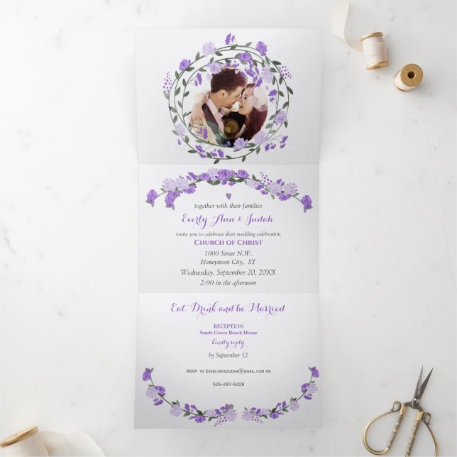 Elegant Purple Peony Floral Wedding Tri-Fold Invitation (Inside)