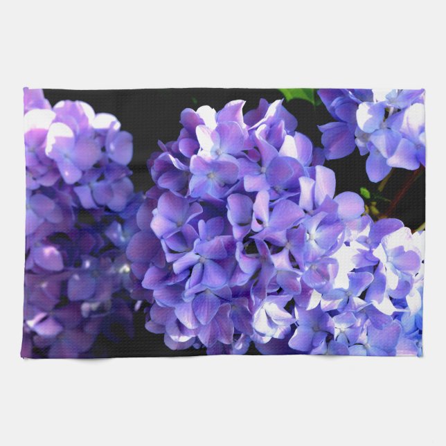 Elegant purple periwinkle floral hydrangeas kitchen towel (Horizontal)