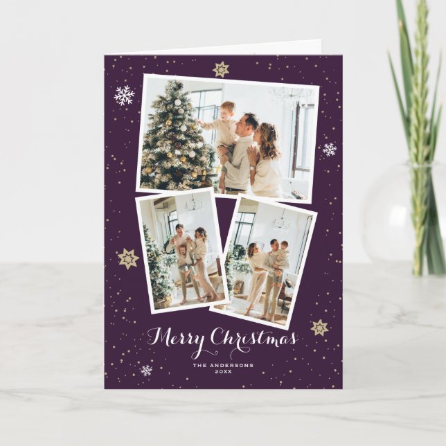 Elegant Purple Photo Collage Merry Christmas Card (Front)
