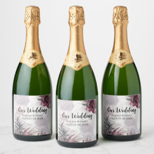 Elegant purple, pink, and maroon floral  sparkling wine label