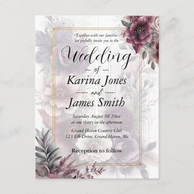 Elegant purple, pink, and maroon floral Wedding  Postcard (Front)