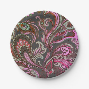 Elegant Purple Pink Brown Black Paisley Pattern Paper Plate