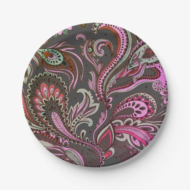 Elegant Purple Pink Brown Black Paisley Pattern Paper Plate (Front)