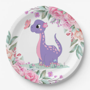 Elegant Purple Pink Dinosaur Butterfly Baby Shower Paper Plate