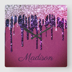 Elegant Purple Pink Dripping Glitter Monogram    Square Wall Clock