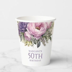 Elegant Purple Pink Floral 50th Birthday Paper Cups