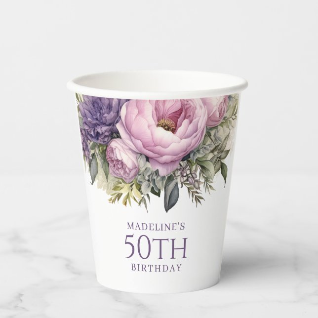 Elegant Purple Pink Floral 50th Birthday Paper Cups (Front)