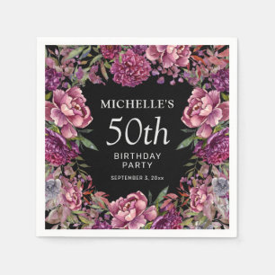 Elegant Purple Pink Floral Black 50th Birthday  Napkin