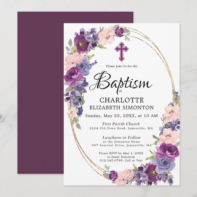 Elegant Purple Pink Floral Gold Frame Baptism Invitation (Front/Back)