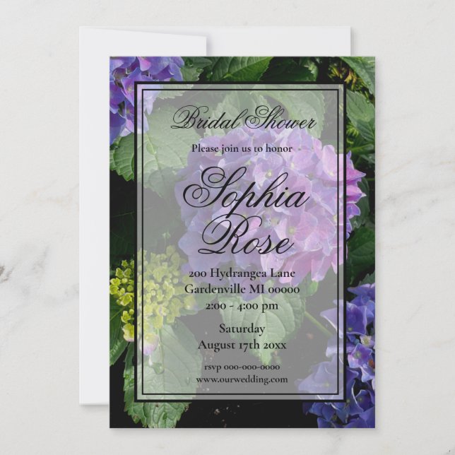 Elegant purple pink floral hydrangea bridal shower invitation (Front)
