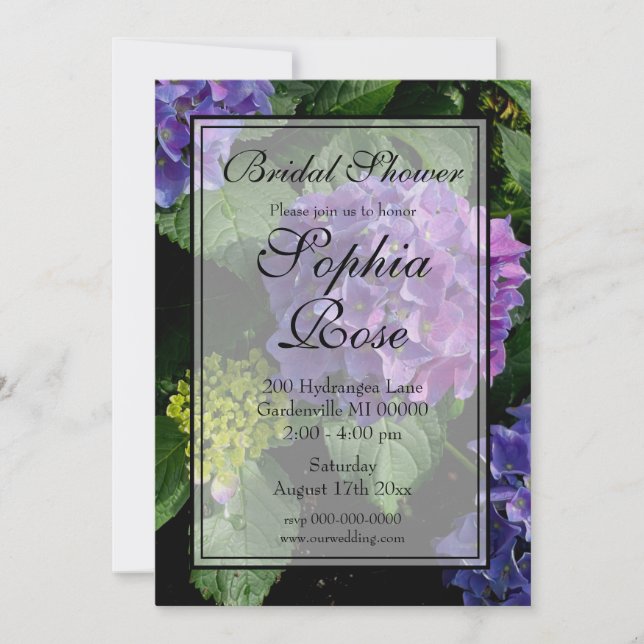 Elegant purple pink floral hydrangea bridal shower invitation (Front)