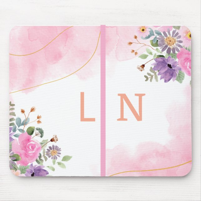 Elegant Purple Pink Floral Monogram Initial Journa Mouse Pad (Front)