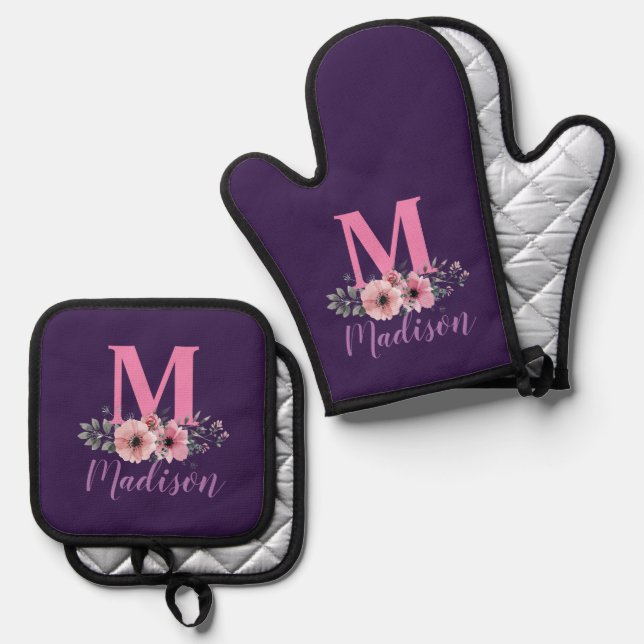 Elegant Purple Pink  Floral Monogram Initials Oven Mitt & Pot Holder Set (Front/Back)