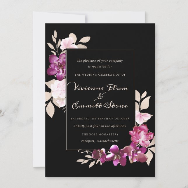 Elegant Purple Pink Floral on Black Wedding Invitation (Front)