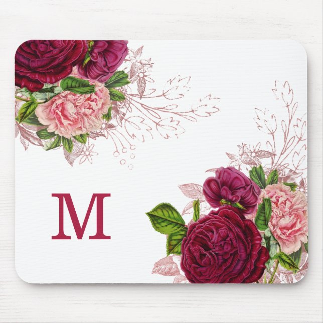 Elegant Purple Pink Floral White Monogram Mouse Pad (Front)