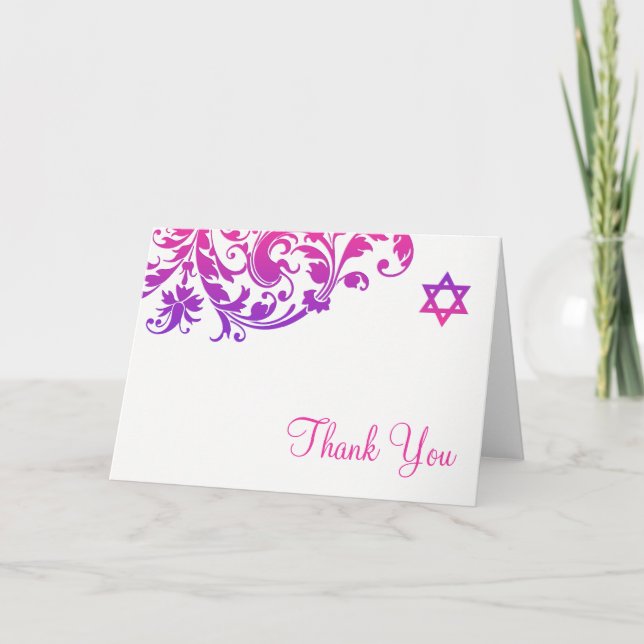 Elegant Purple Pink Flourish Bat Mitzvah Thank You (Front)