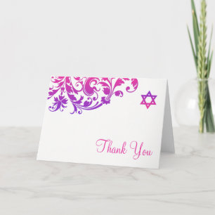 Elegant Purple Pink Flourish Bat Mitzvah Thank You Card