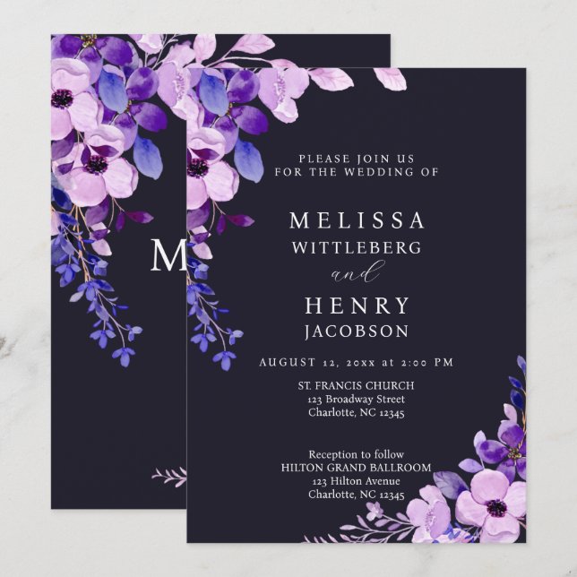 Elegant Purple Pink Flower Wedding Invitation (Front/Back)