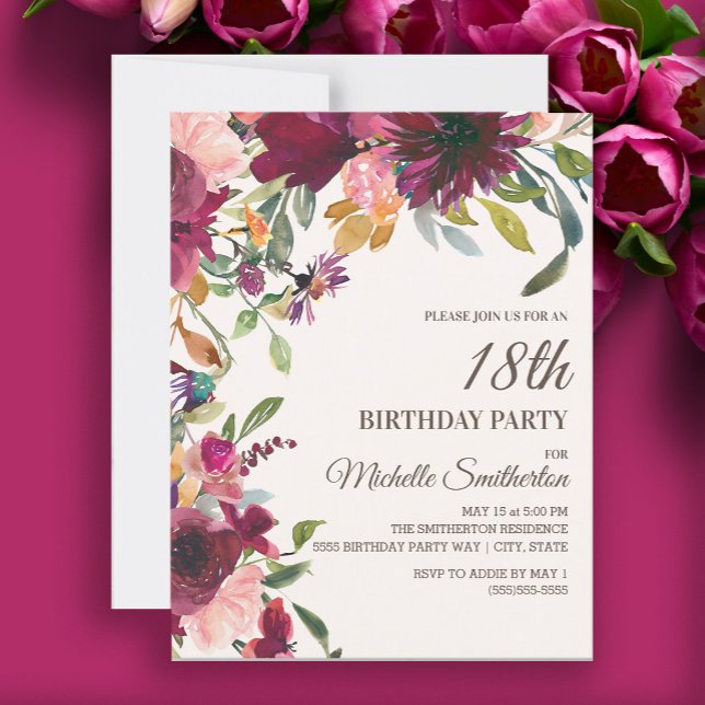 Elegant Purple Pink Gold Floral 18th Birthday Invitation (Burgundy and pink floral 18th birthday party invitation)