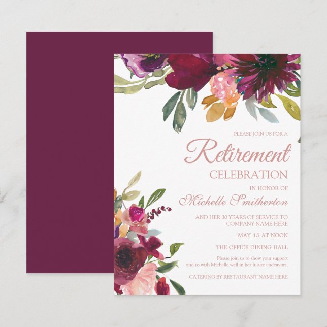 Elegant Purple Pink Gold Floral Script Retirement Invitation (Front/Back)