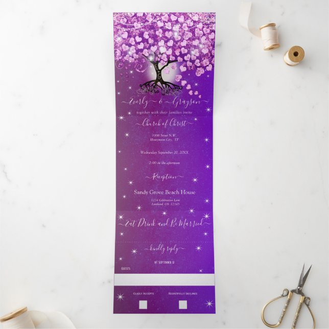 Elegant Purple Pink Heart Leaf Tree Wedding Tri-Fold Invitation (Inside)