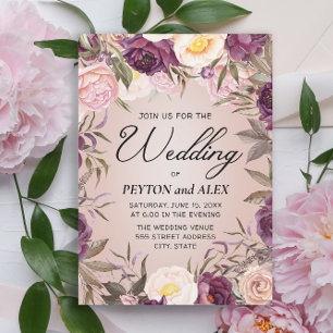 Elegant Purple Pink Peonies Wedding Floral Invitation