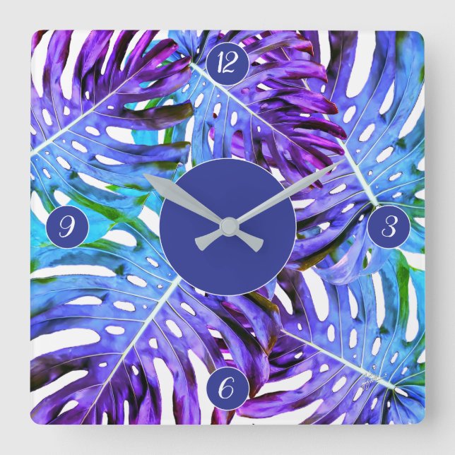 Elegant Purple Pink Tropical Leaf Pattern Square Wall Clock (Front)