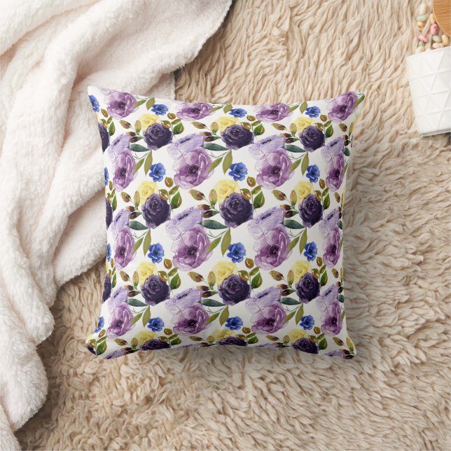 Elegant Purple Pink Watercolor Floral  Throw Pillow (Blanket)