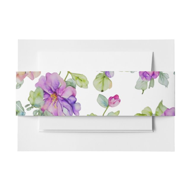 Elegant purple pink watercolor florals invitation belly band (Front Example)