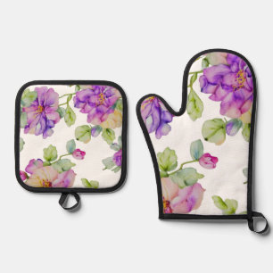 Elegant purple pink watercolor florals oven mitt & pot holder set